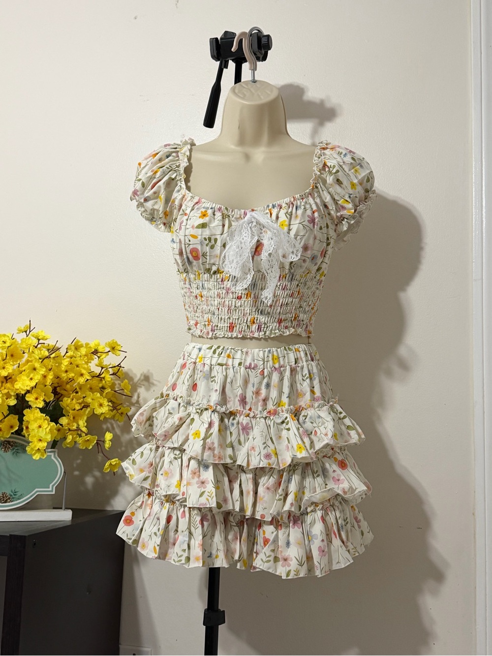 Floral Smocked Crop Top & Ruffle Mini Skirt Set brand new set